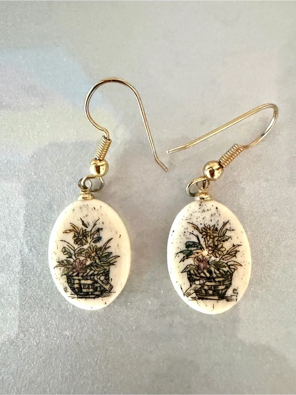 Vintage Genuine Bone Scrimshaw Etched Folk Art, Basket of Flowers” Earrings